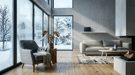 Intérieur de maison en hiver montrant les effets de l'air sec sur la santé et l'habitat