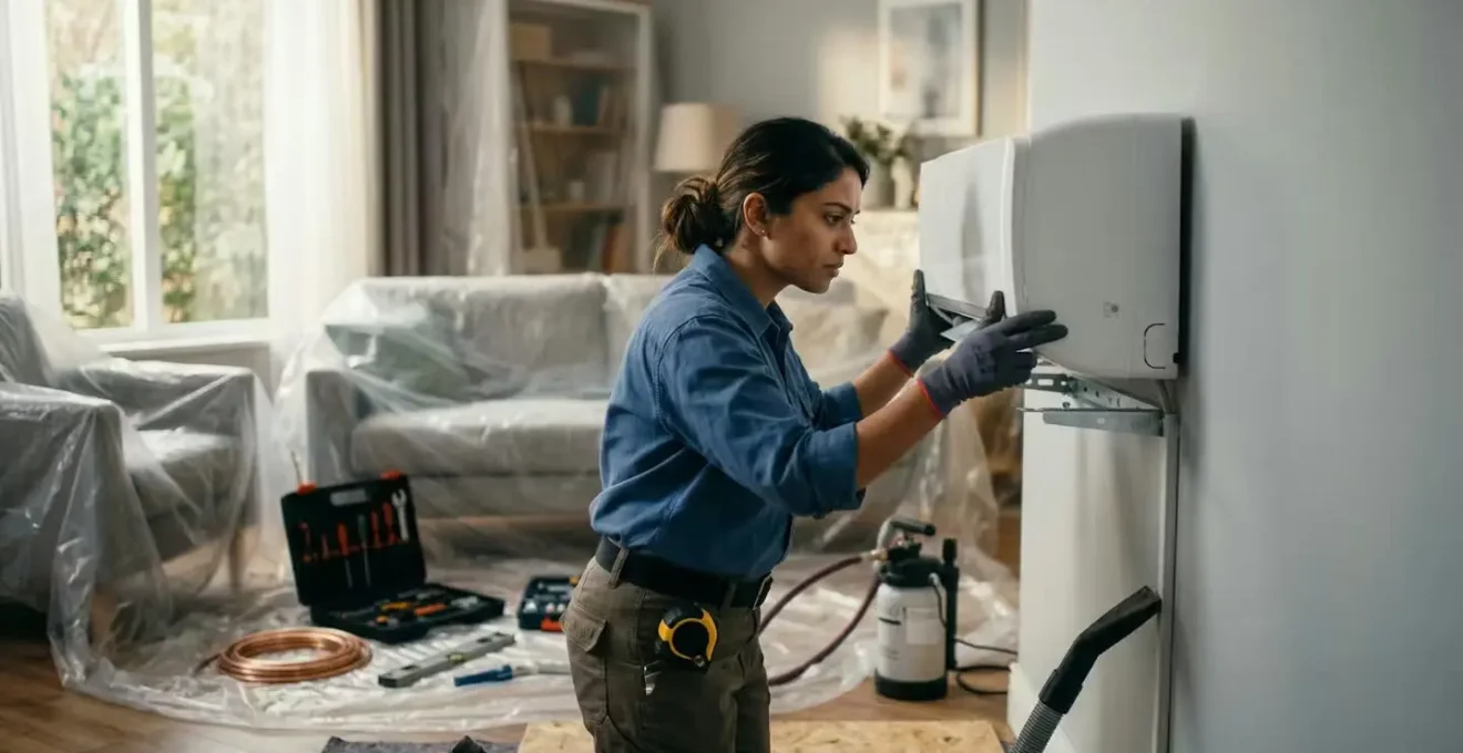 Technicien installant un climatiseur split dans un appartement protégé par des bâches
