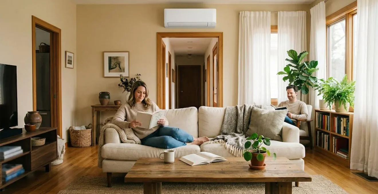 Salon moderne avec unité intérieure de pompe à chaleur positionnée de manière optimale au-dessus d'une porte