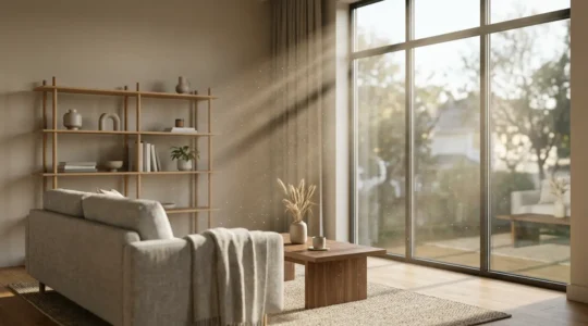 Intérieur de maison moderne avec particules invisibles flottant dans l'air autour des meubles