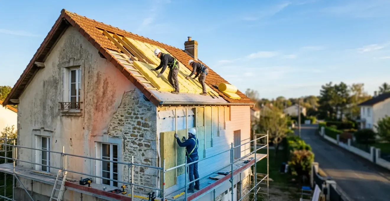 Vue d'ensemble d'une maison en cours de rénovation énergétique avec isolation visible et ouvriers professionnels