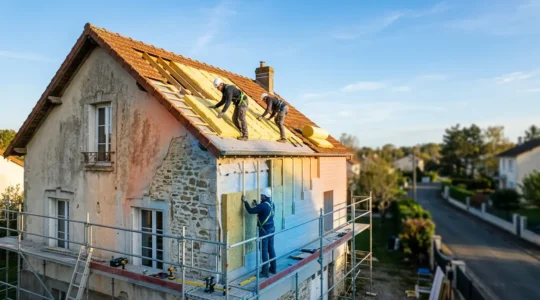 Vue d'ensemble d'une maison en cours de rénovation énergétique avec isolation visible et ouvriers professionnels