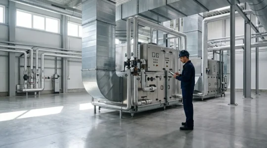 Technicien de maintenance inspectant un système de climatisation industriel dans un local technique moderne