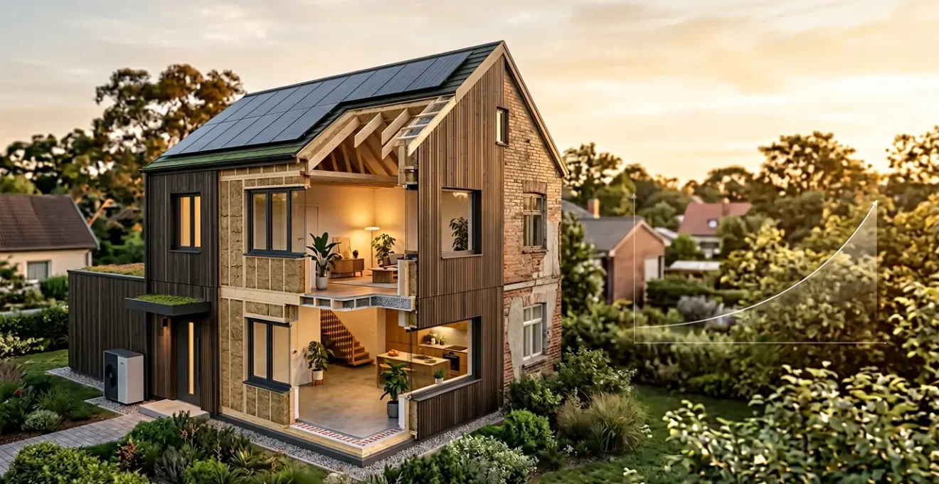 Maison moderne éco-rénovée avec panneaux solaires et isolation naturelle visible en coupe, mise en valeur par lumière dorée
