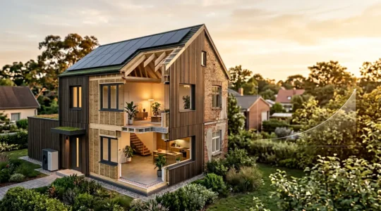 Maison moderne éco-rénovée avec panneaux solaires et isolation naturelle visible en coupe, mise en valeur par lumière dorée
