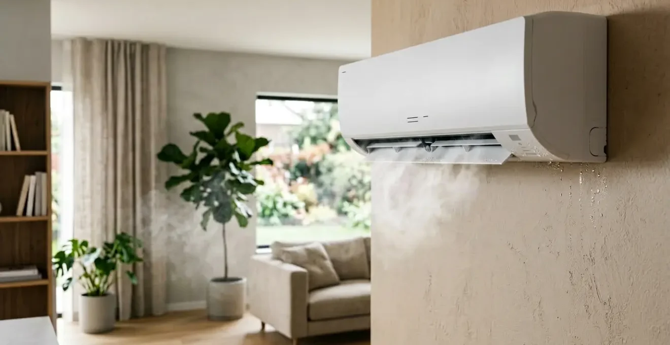 Climatiseur moderne avec symbole goutte d'eau du mode Dry en gros plan, vapeur d'eau condensée visible