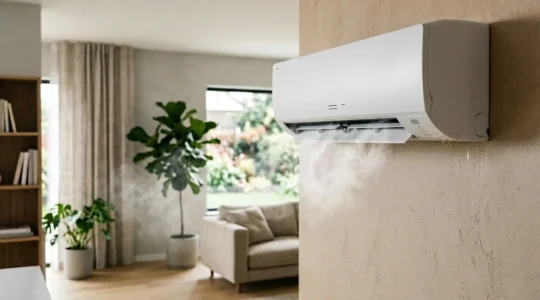 Climatiseur moderne avec symbole goutte d'eau du mode Dry en gros plan, vapeur d'eau condensée visible