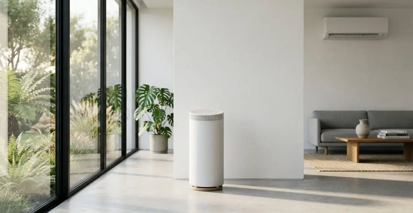 Purificateur d'air autonome avec photocatalyse dans un salon près d'une climatisation murale