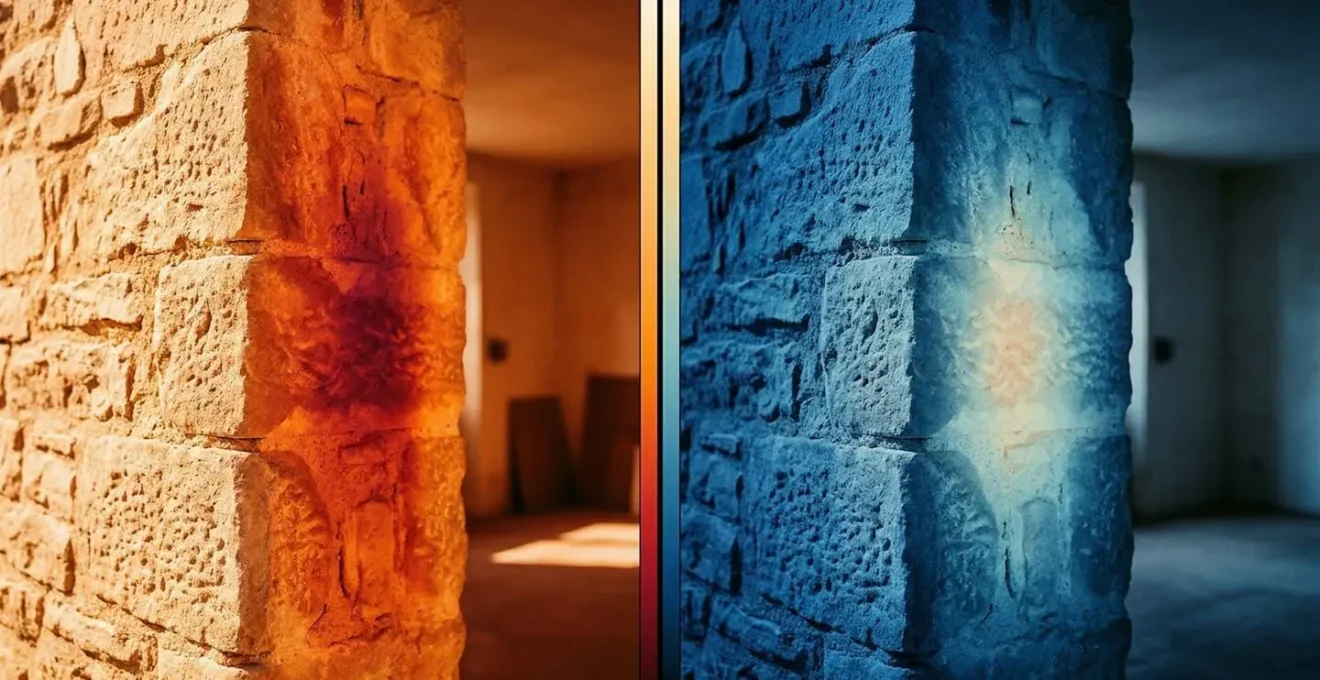 Coupe thermographique d'un mur en pierre montrant l'accumulation et la restitution de chaleur jour et nuit