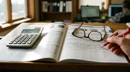 Vue détaillée d'un catalogue professionnel de climatisation avec calculatrice et lunettes posées sur les pages