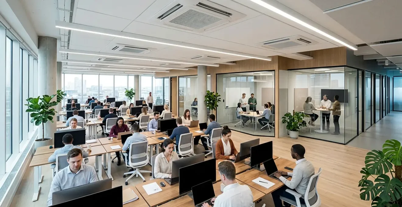 Vue d'ensemble d'un open space moderne avec système de climatisation intégré et employés travaillant confortablement