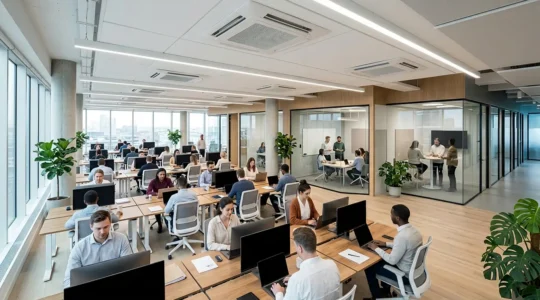 Vue d'ensemble d'un open space moderne avec système de climatisation intégré et employés travaillant confortablement