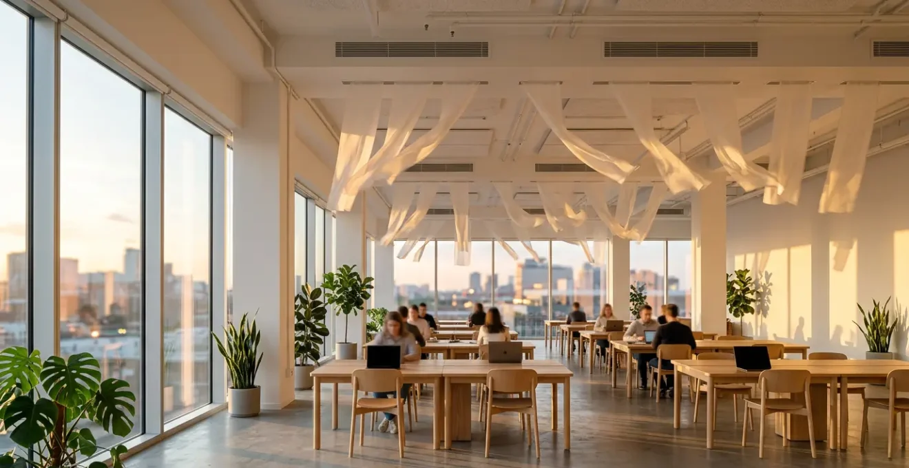 Vue panoramique d'un bureau moderne de 500m² avec système CVC intégré et flux d'air visible