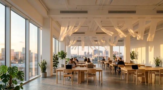 Vue panoramique d'un bureau moderne de 500m² avec système CVC intégré et flux d'air visible
