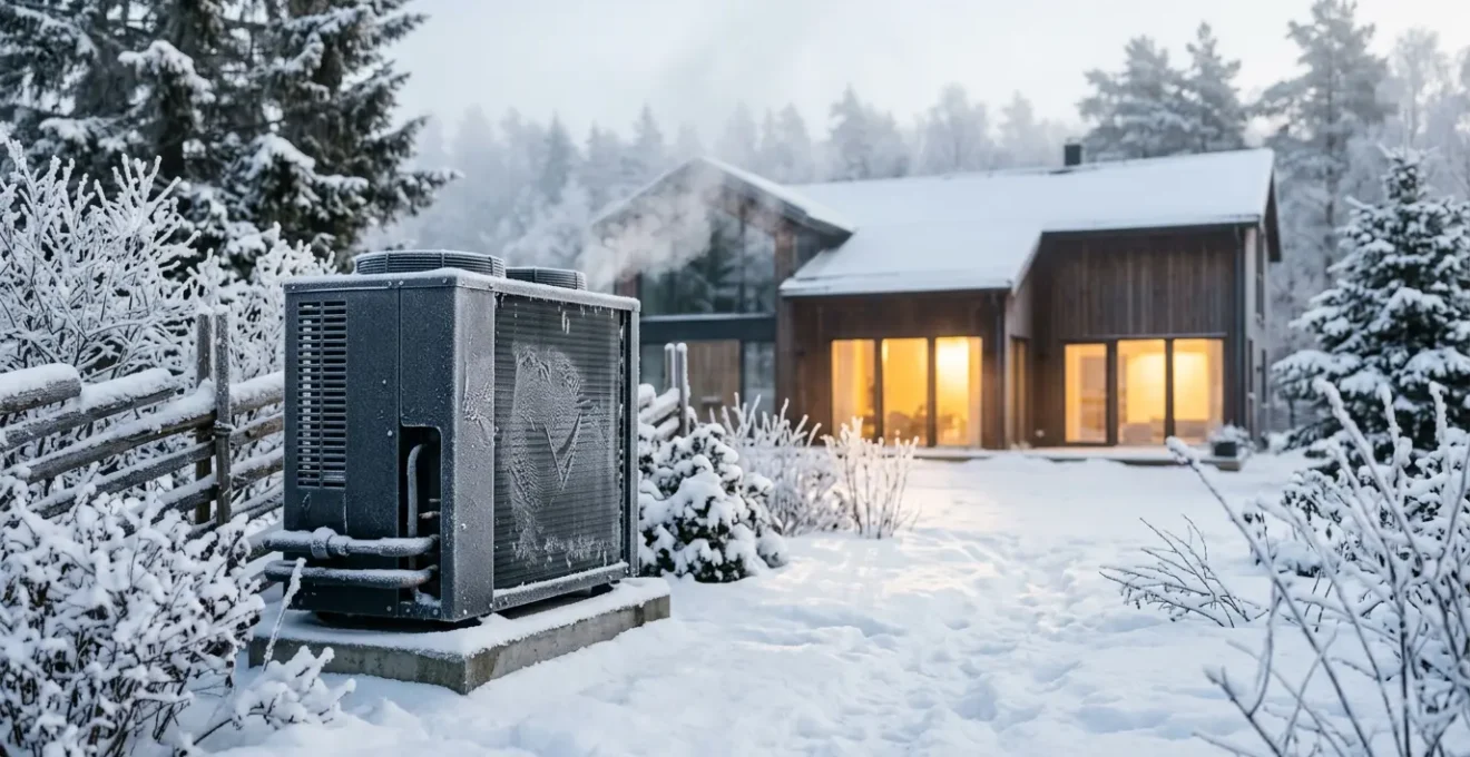 Pompe à chaleur extérieure moderne fonctionnant dans un jardin enneigé avec une maison chaleureuse en arrière-plan