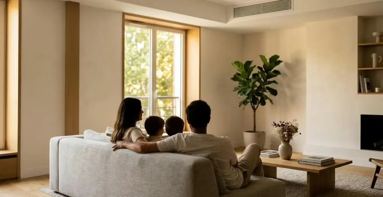 Installation discrète d'une pompe à chaleur air-air dans un salon moderne avec système multi-split