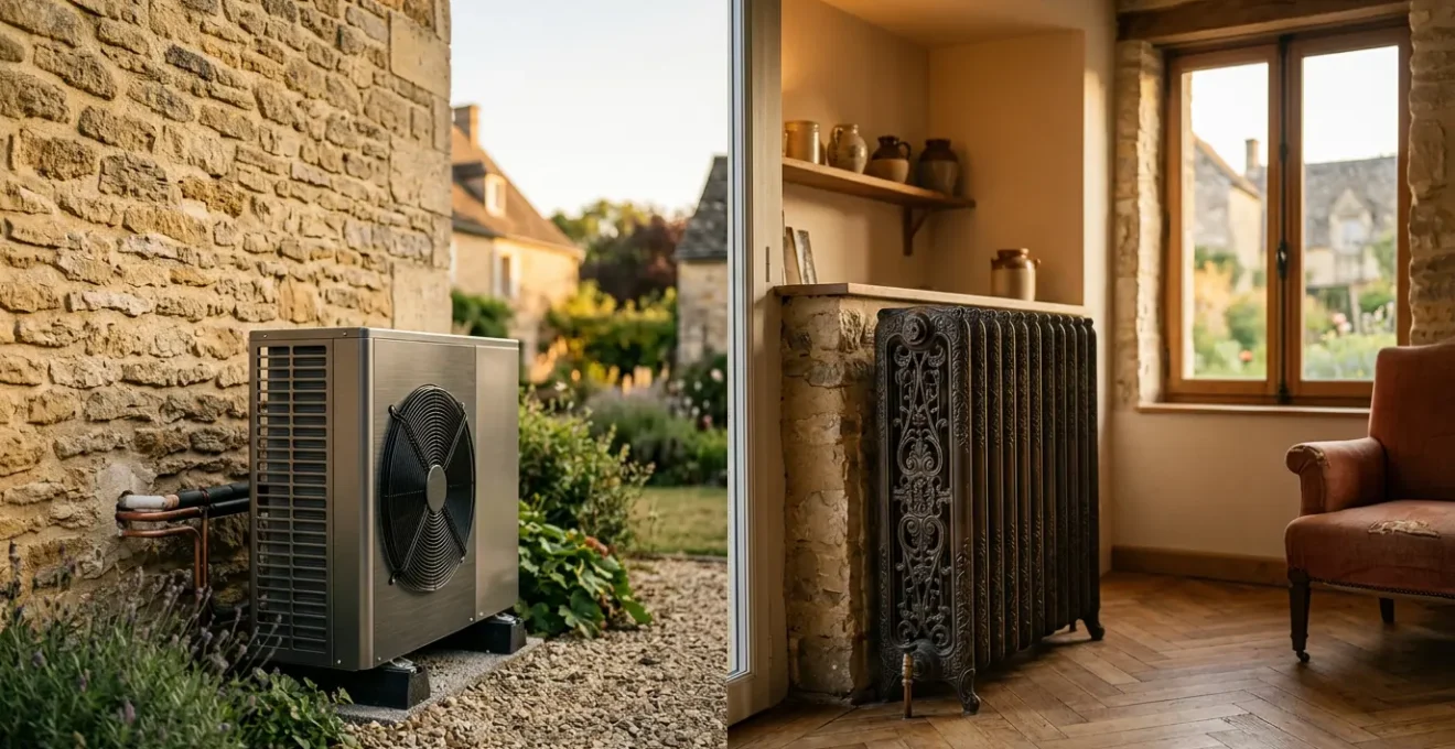 Installation moderne d'une pompe à chaleur air-eau avec radiateurs en fonte dans une maison rénovée