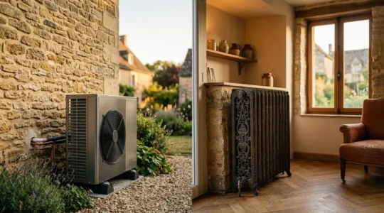 Installation moderne d'une pompe à chaleur air-eau avec radiateurs en fonte dans une maison rénovée