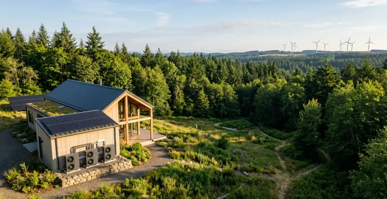 Vue aérienne d'une maison moderne équipée de pompes à chaleur avec paysage naturel en arrière-plan