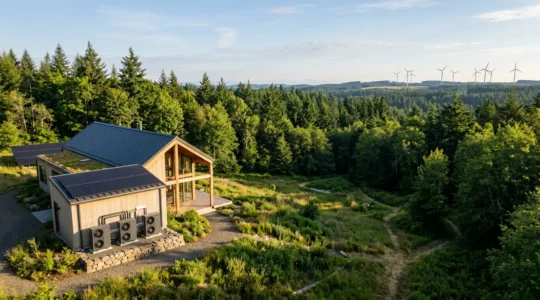 Vue aérienne d'une maison moderne équipée de pompes à chaleur avec paysage naturel en arrière-plan