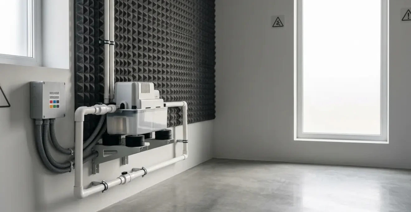 Vue détaillée d'une pompe de relevage installée sur un support anti-vibrations avec isolation acoustique dans un système de climatisation moderne