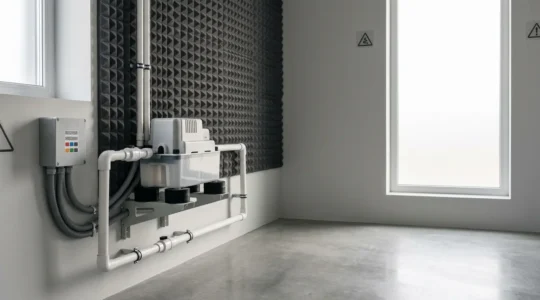 Vue détaillée d'une pompe de relevage installée sur un support anti-vibrations avec isolation acoustique dans un système de climatisation moderne