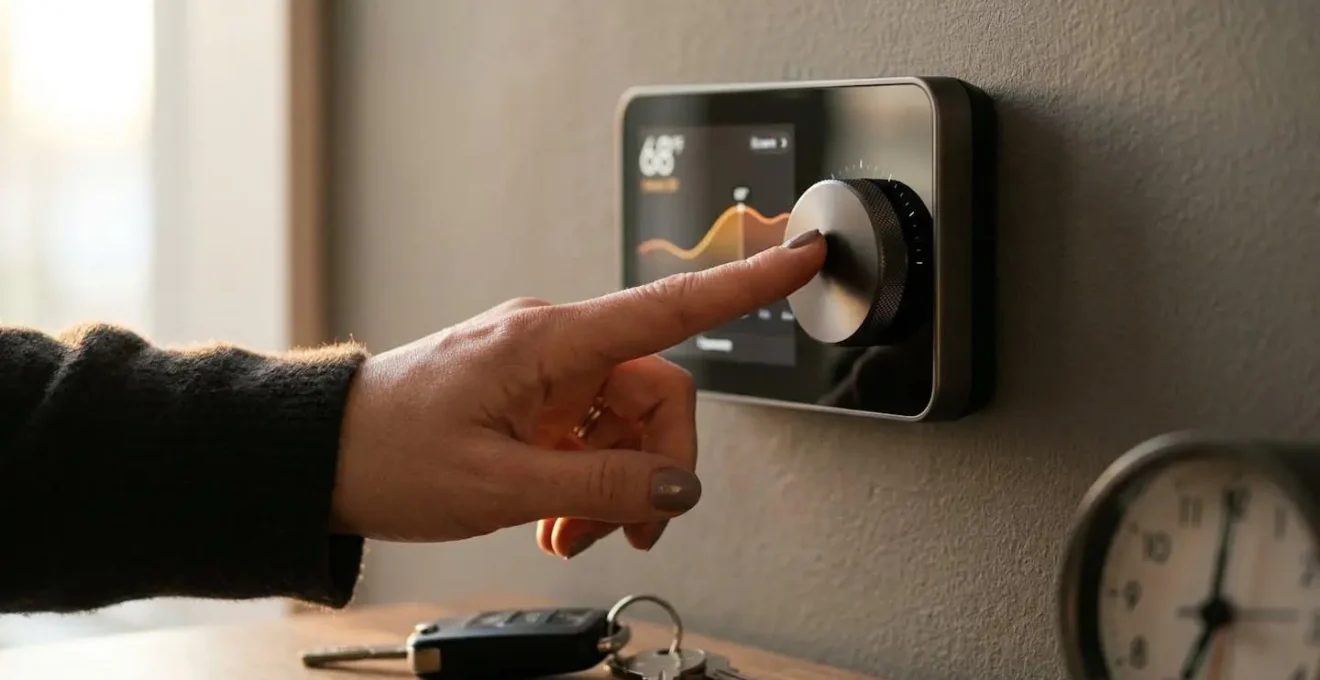 Main ajustant un thermostat programmable moderne avec courbe de relance visible