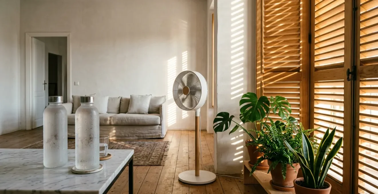 Intérieur lumineux avec ventilateur, bouteilles d'eau glacée et volets mi-fermés filtrant la lumière du soleil