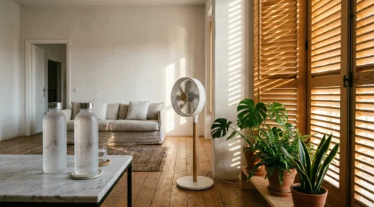 Intérieur lumineux avec ventilateur, bouteilles d'eau glacée et volets mi-fermés filtrant la lumière du soleil