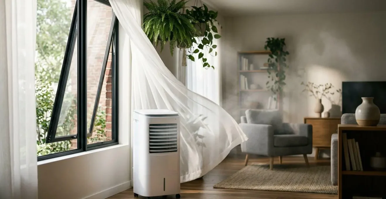 Schéma de circulation d'air avec rafraîchisseur et fenêtre opposée entrouverte