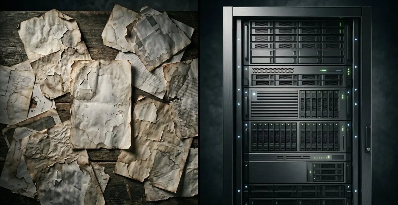 Comparaison visuelle entre archivage papier fragile et solution numérique sécurisée