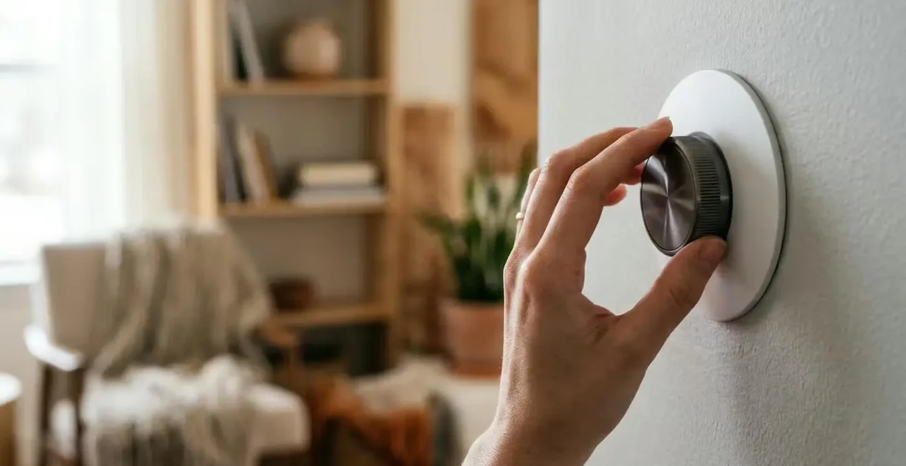 Main ajustant un thermostat d'ambiance moderne avec courbe de chauffe visible en arrière-plan flou