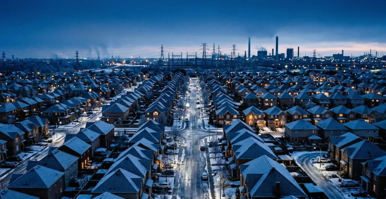 Paysage urbain hivernal au crépuscule montrant l'impact énergétique collectif