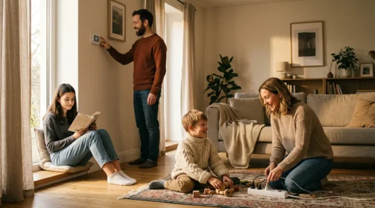 Famille réduisant sa consommation énergétique à la maison