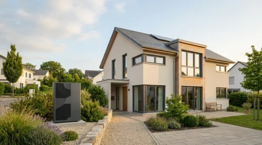 Installation moderne d'une pompe à chaleur avec comparaison visuelle des économies d'énergie sur une facture