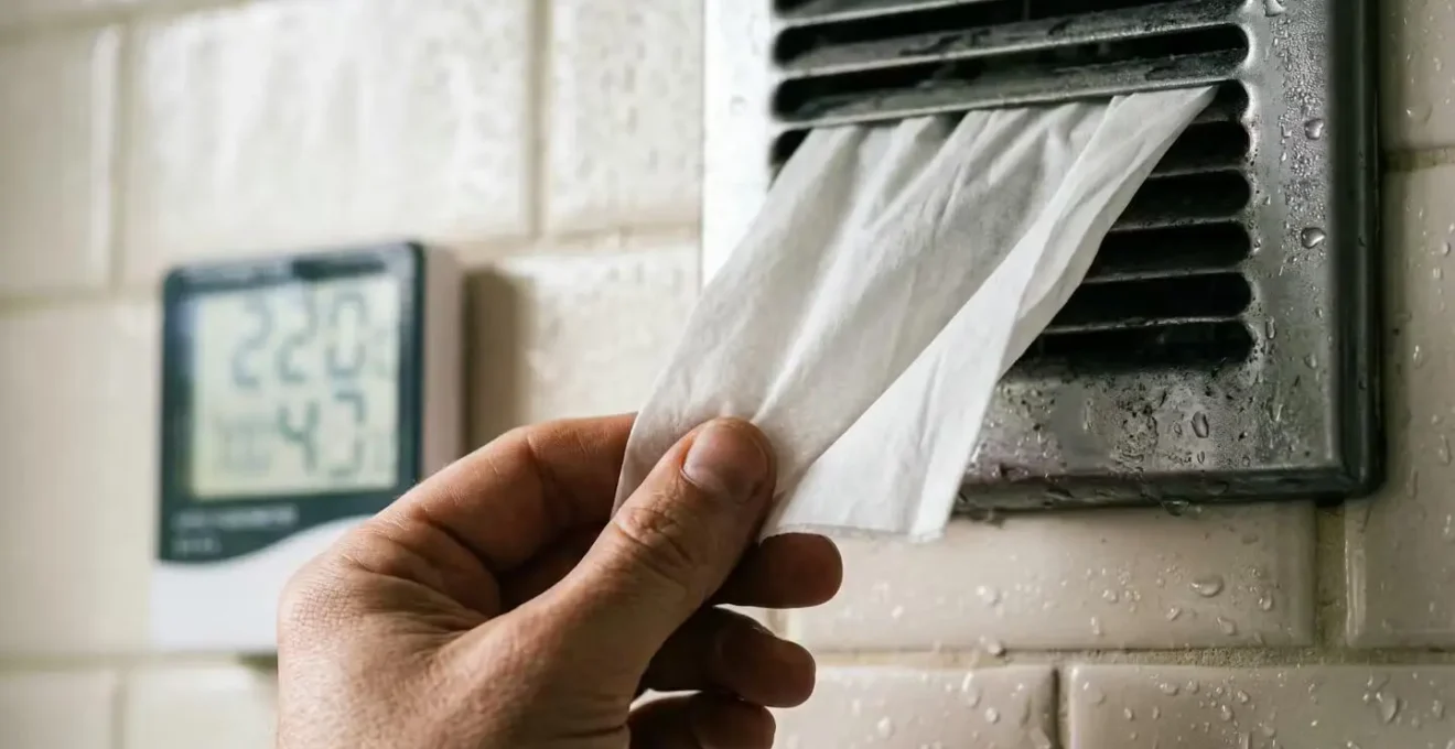 Gros plan d'une main testant une bouche de VMC avec une feuille de papier et un hygromètre numérique affichant le taux d'humidité