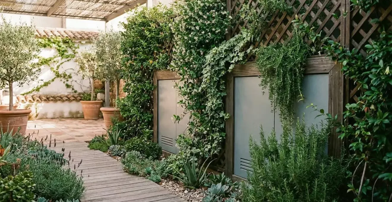 Unité extérieure de climatisation dissimulée derrière un mur végétal luxuriant