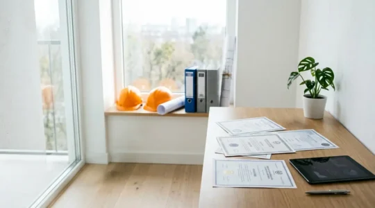 Contrôle des documents RGE dans un bureau avec certificats et tablette numérique