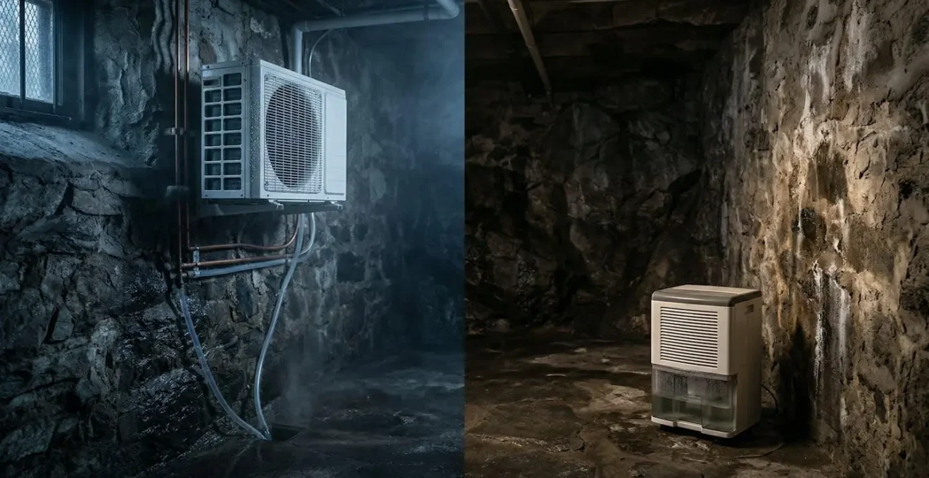 Cave humide avec comparaison visuelle entre climatiseur mural et déshumidificateur mobile