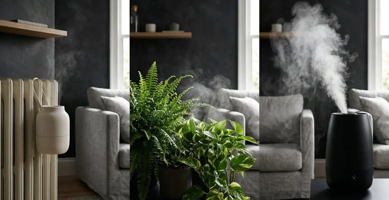 Vue comparative de différentes méthodes d'humidification dans un salon moderne