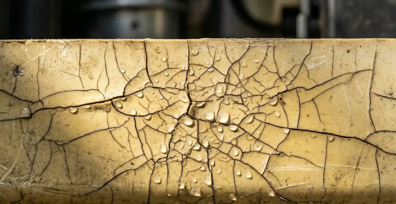 Gros plan sur un bac à condensats en plastique montrant des signes de vieillissement et de micro-fissures