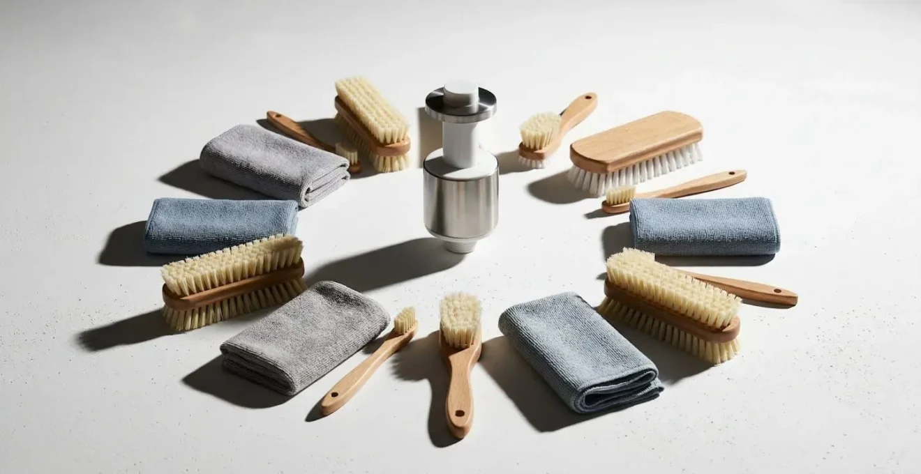 Vue détaillée d'un flotteur de pompe avec traces de biofilm et outils de nettoyage professionnels disposés autour