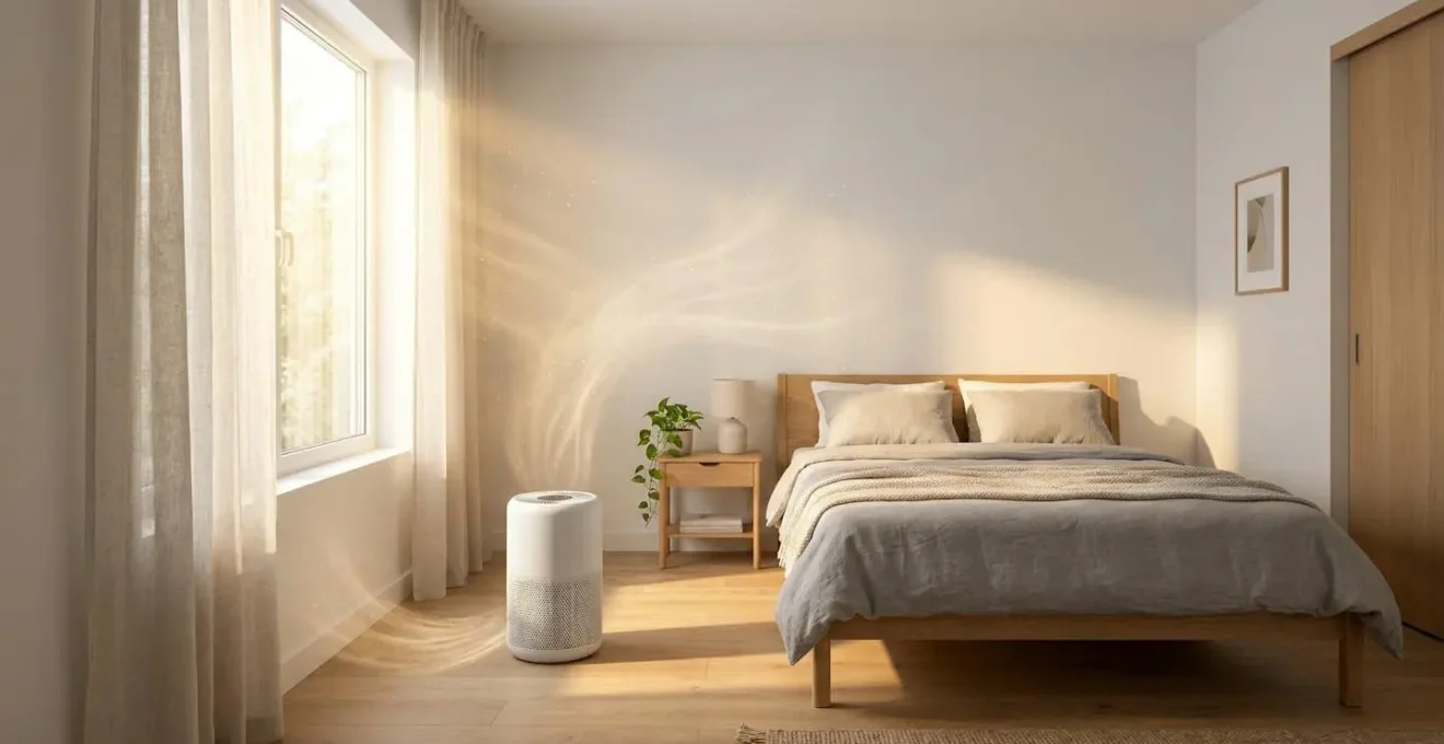 Purificateur d'air moderne dans une chambre de 12m² avec flux d'air visible