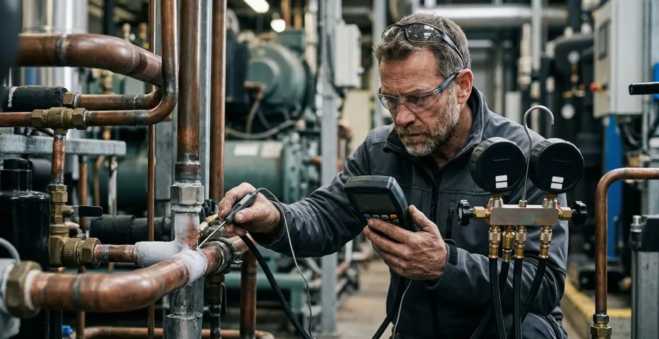 Technicien expert analysant une installation frigorifique complexe avec outils de diagnostic professionnels